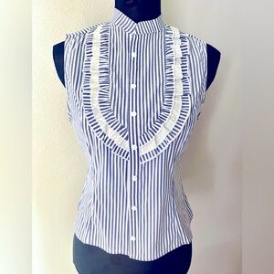Privy Blue and White Sleeveless Ruffled Blouse